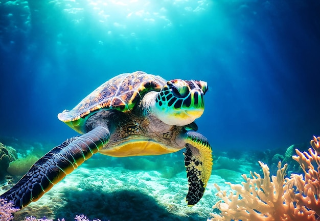 graceful sea turtle or a vibrant coral reef