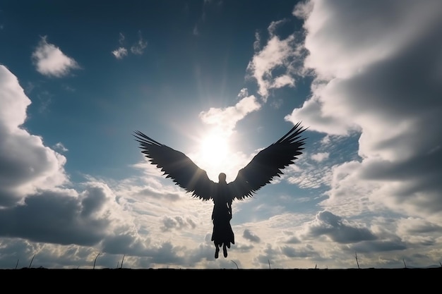 Graceful Shadow Silhouette of Winged Human Angel Spreading Wings Flying in Bright Sky