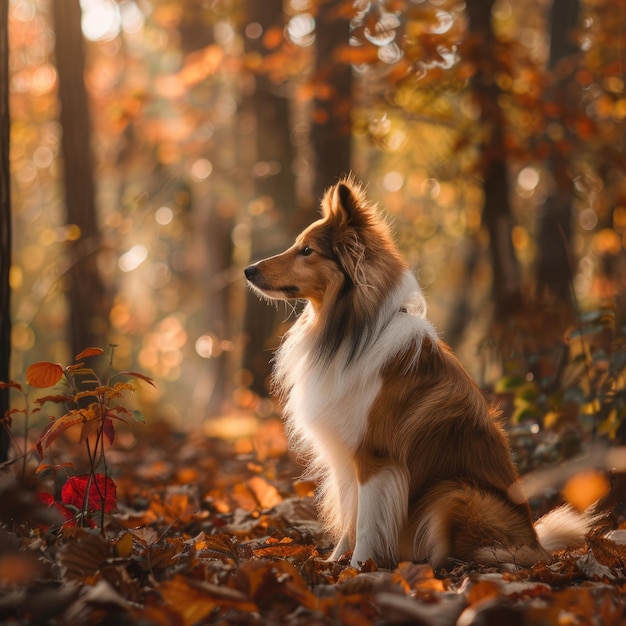 Graceful Shetland Sheepdog poses serenely in dense forest setting