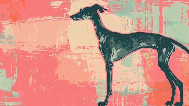 A graceful sighthound stands in profile against a textured background in shades of pink green and cream