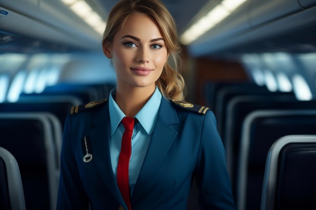 Foto graziosa hostess che lavora su un aereo ai