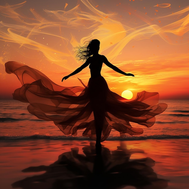 Graceful Sunset Dance by the Seashore Created with Generative Technology
