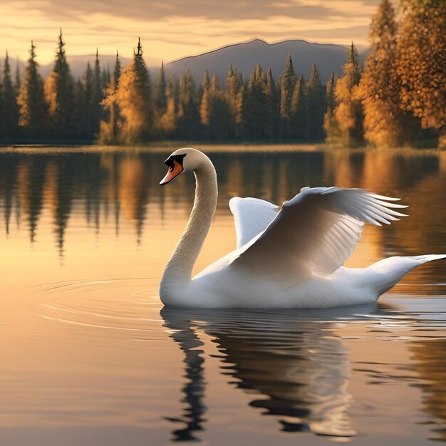 A graceful swan gliding across a tranquil lake