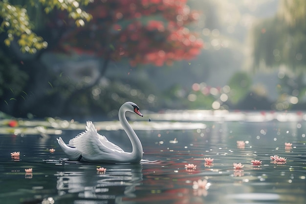 A graceful swan gliding across a tranquil pond oct