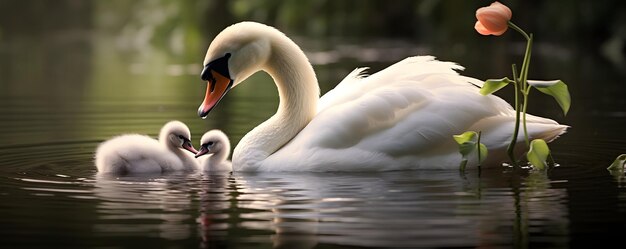 Graceful swan snuggles cygnet serene pond setting National Hug Day