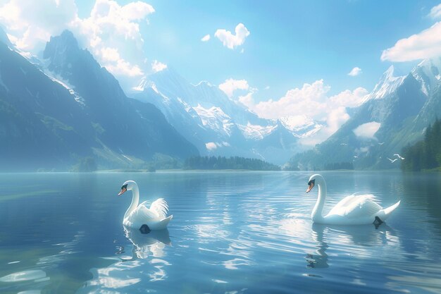 写真 優雅な天<unk>が湖を滑り越える オクタンのレンダリング