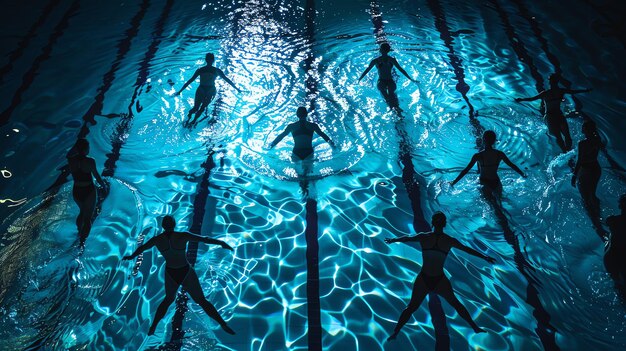 Photo graceful synchronized swimmers perform a routine in the dark of the pool lit by a single spotlight