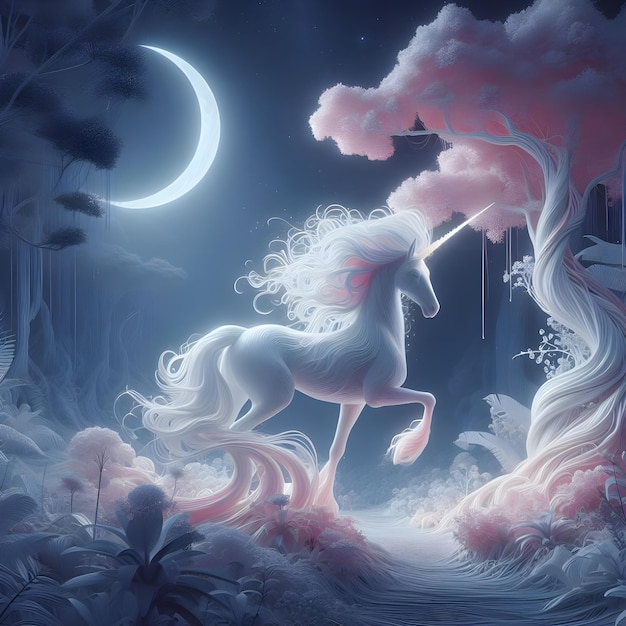 A graceful unicorn in a mystical forest in moonlight white and fairy dust pink