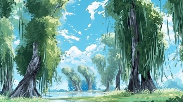 Graceful weeping willows Fantasy concept Illustration painting