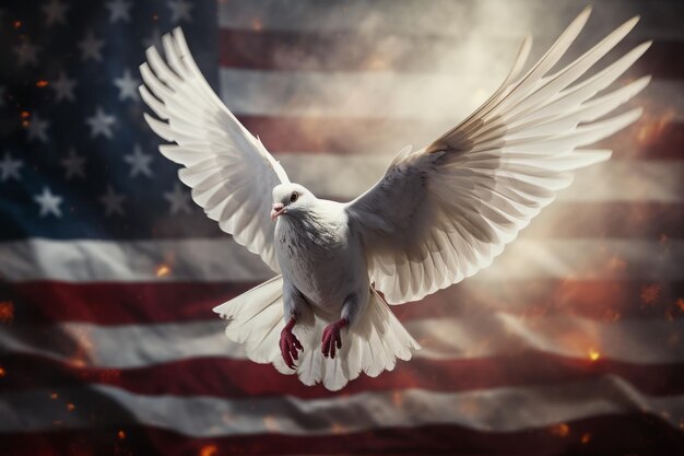 Graceful White Dove Soaring Against the Stars and Stripes