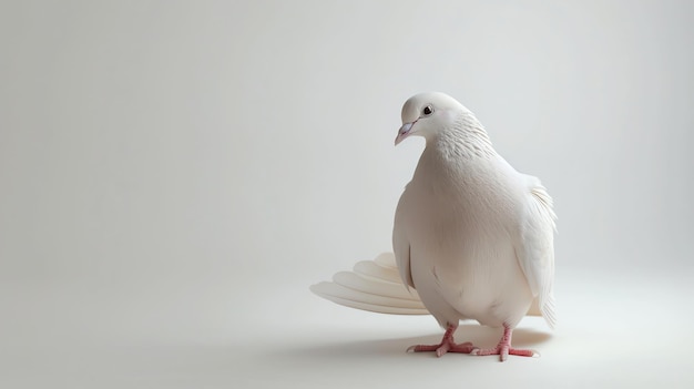 Photo a graceful white dove stands alone against a pale gray background the doves feathers are sleek and its eyes are dark and alert