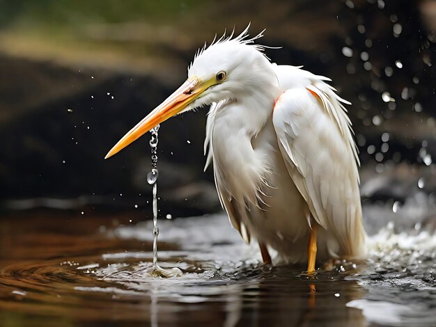 Photo graceful white heron hunting for food in a serene lake