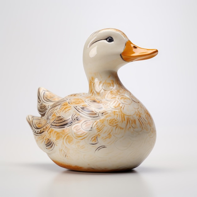 Graceful White Pottery Duck Ornament Glistening on a White Background