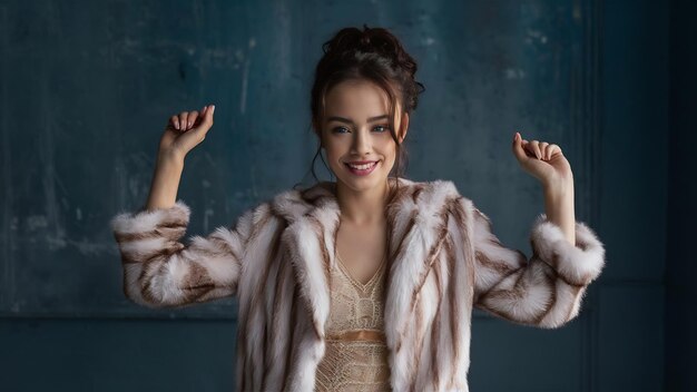 Graceful white young woman in peruke dancing with smile