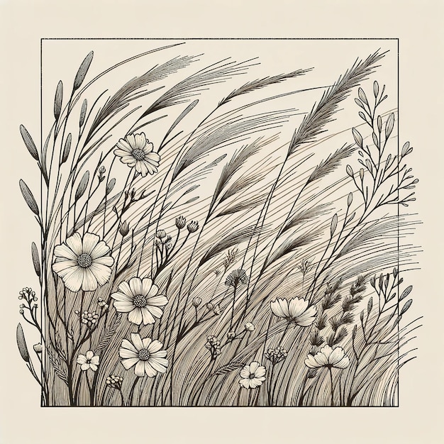 Photo graceful wildflowers amp tall grasses sketch neutral palette embracing spring breeze