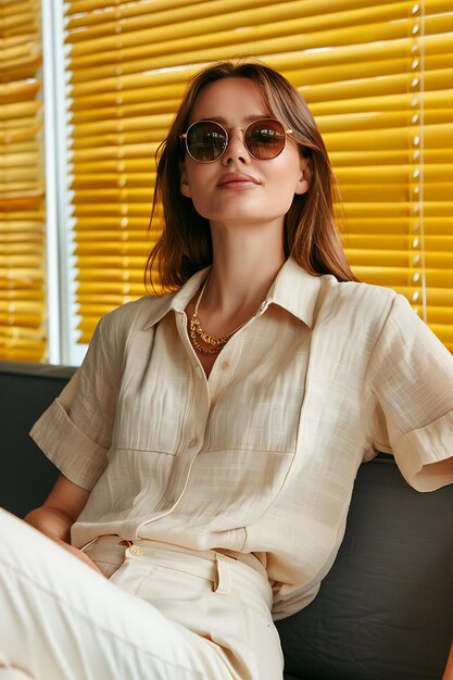 Graceful woman in casual outfit sitting near modern cafe with yellow walls