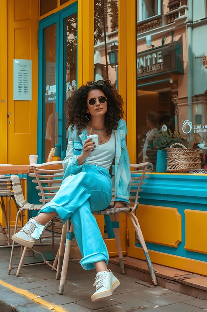 Graceful woman in casual outfit sitting near modern cafe with yellow walls