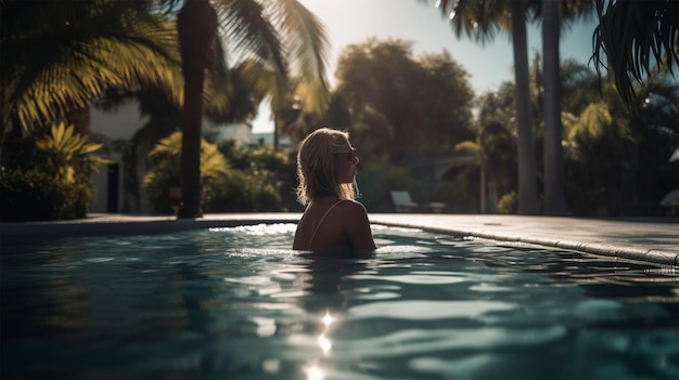 A graceful woman in a luxurious outdoor swimming pool