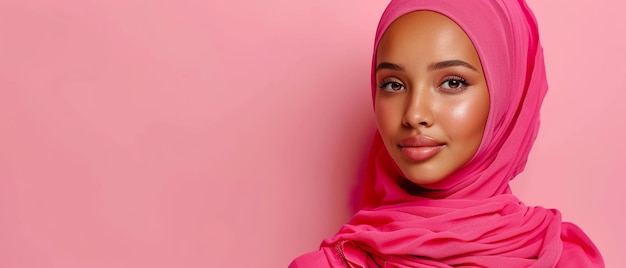 Graceful Woman in Pink Hijab on Pink BackgroundxA