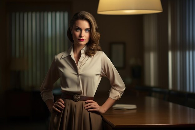 Graceful Woman in Professional Attire Poses Confidently in Office