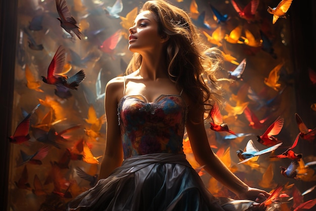 a graceful woman stands in the center surrounded by swarms of majestic butterflies