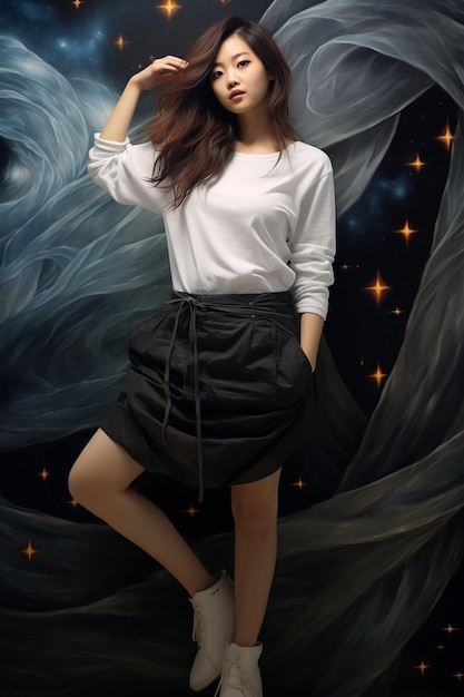 Graceful woman in white blouse with cosmic swirls of fabric and starry backdrop