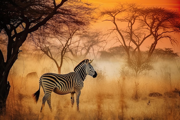 Graceful zebra reigns on the African savannah at dusk generative IA