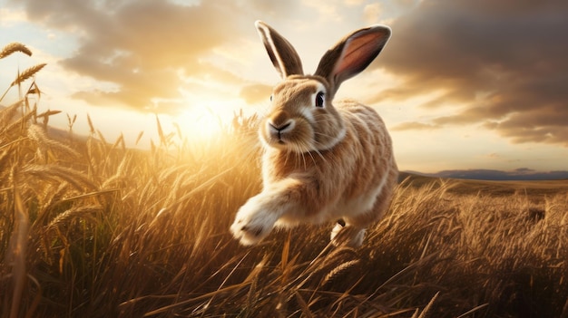 Gracieus konijn galoppeert in een uitgestrekt landschap