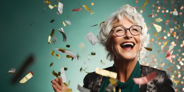 Gracieuze bejaarde vrouw met zilveren haar verheugt zich vreugdevol in een feestelijke sfeer te midden van confetti Concept Bejaarde vrouw zilveren haar Vreugdevolle uitdrukking Feestelijke sfeer Confetti Feesten