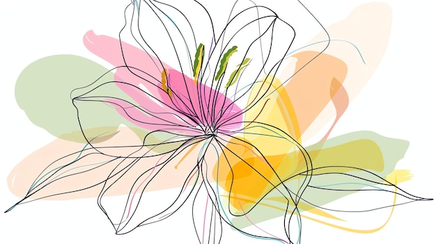 Foto gracieuze bloemenlijnkunst met pastelkleurige accenten delicate bloemenlijntekening met zachte waterverfspatjes