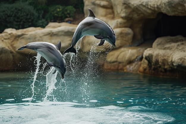 Gracieuze dolfijnen springen in gesynchroniseerde harmonie Een betoverende tentoonstelling van dolfijnen die gracieus uit het water springen in perfecte synchronisatie