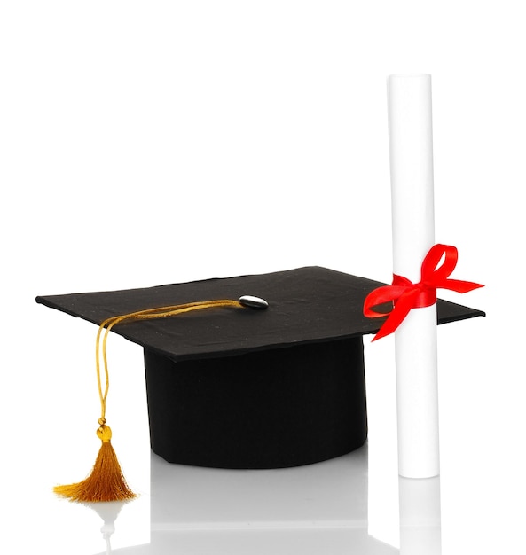 Grad hat and diploma isolated on white