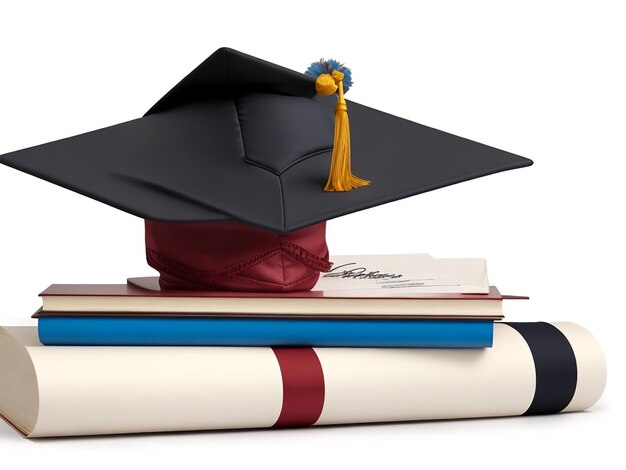 Photo grad hat and diploma with books isolated on white