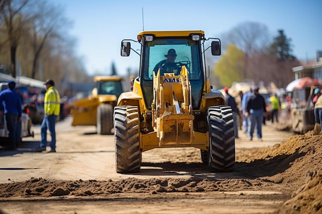 Grader parked at a construction site with workers in the background Best grader picture