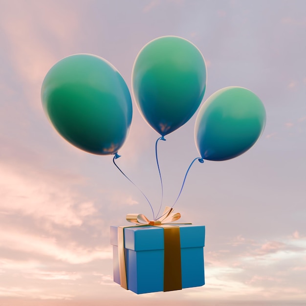 Gradient balloons with gift box on sky background