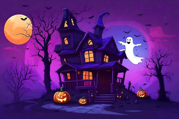 Gradient halloween house and ghost with full moon