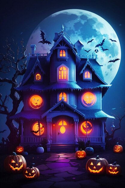 Gradient halloween huis en spook vector en met volle maan angstaanjagende spin horror nacht