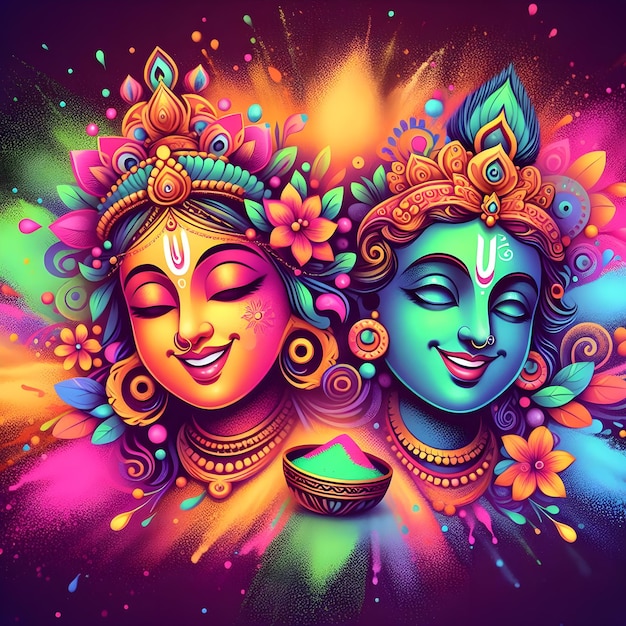 Gradient happy smiling face Radha Krishna Colorful powder explosion for Holi festival celebration