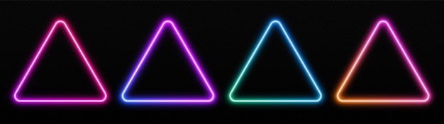 Gradient neon triangle frames set Glowing borders isolated on a dark background