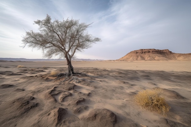 Gradually withering expansive single tree grappling with harsh arid environment Generative AI