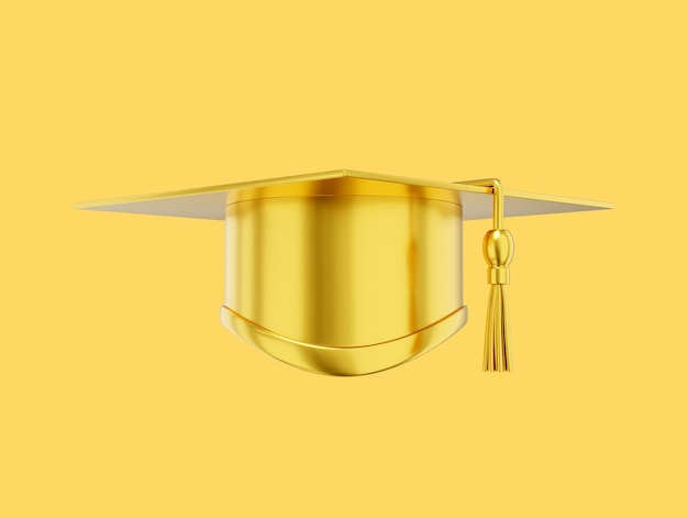 Graduate cap mortar board for a student at a university school\
college 3d rendering realistic gold icon on yellow background