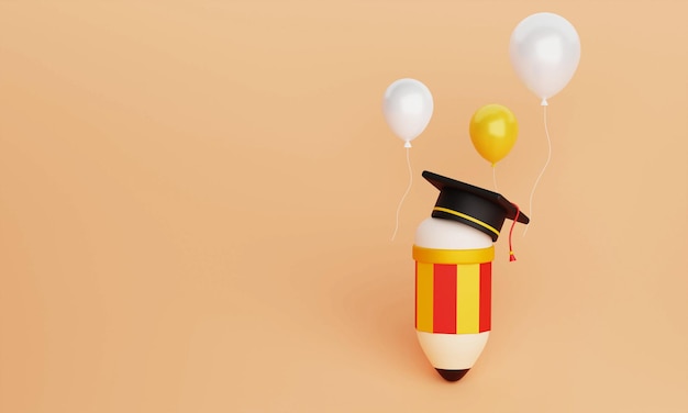 오렌지 배경 교육 아이디어 3d 렌더링 일러스트와 함께 대학원 모자 연필