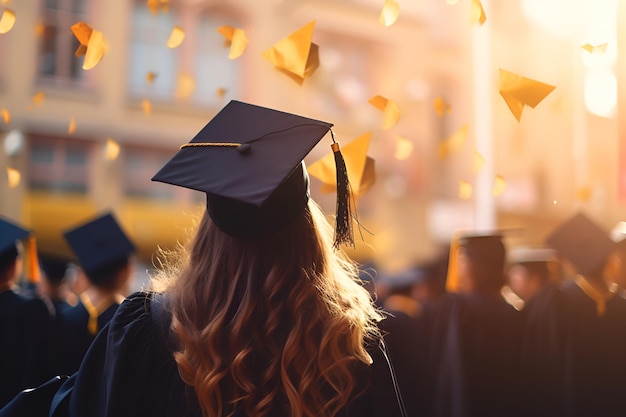 Graduate in cap university backdrop back view