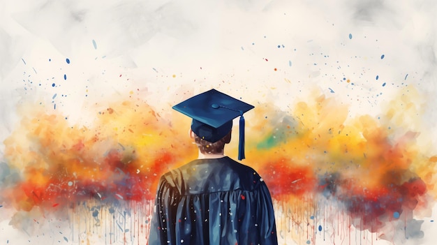 Graduate cape on a university student as colorful watercolor poster background with copy space