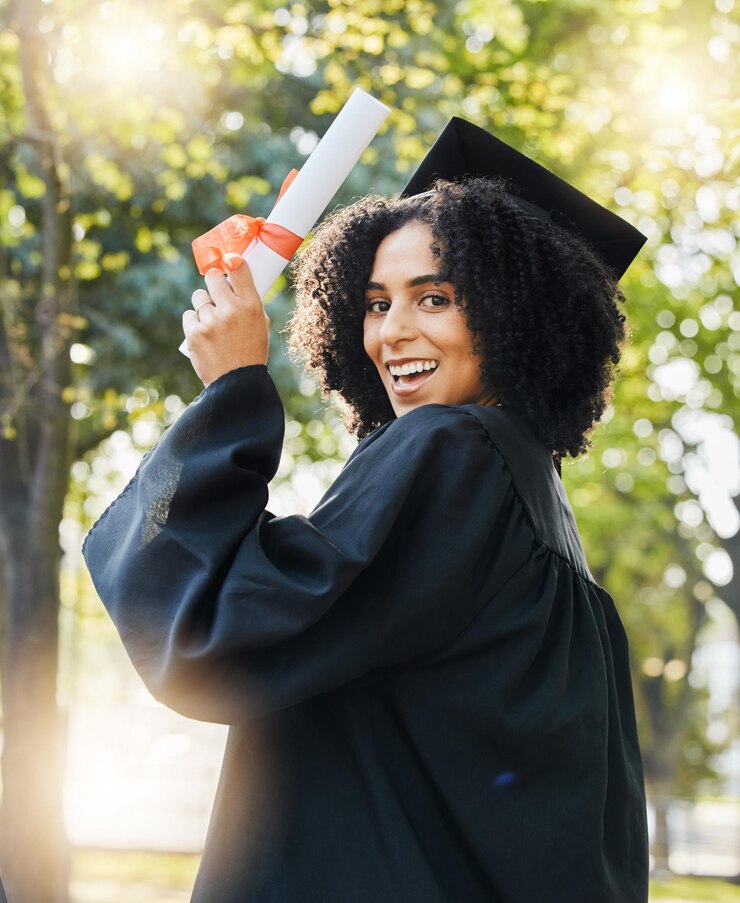 Photo graduate certificate and portrait of happy woman celebrate success education and college degree outdoor university graduation diploma and celebration of award achievement and event in garden