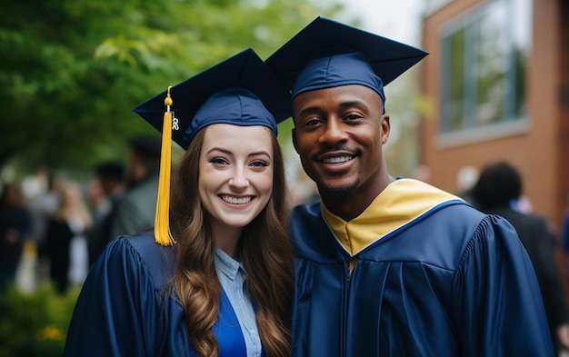 A graduate couple ware black student dress and cap