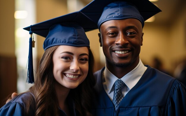 Photo a graduate couple ware black student dress and cap