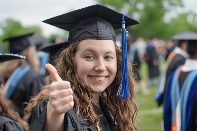 graduate female giving a thumbs up smiling