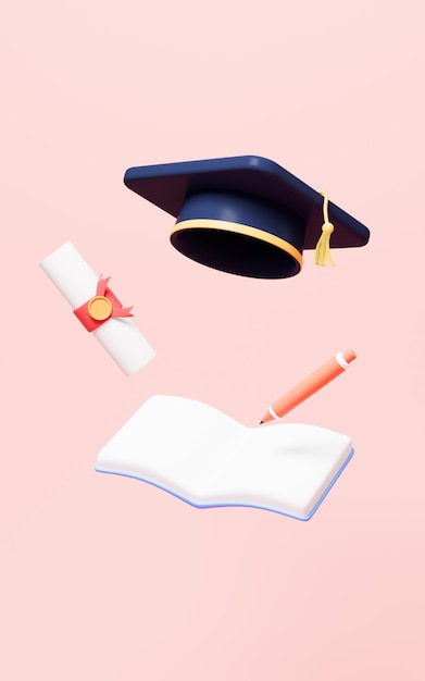 Graduate high school college or university cap and scroll on the pink background 3d rendering