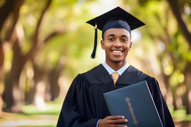 A graduate holding a book in his cap and gown